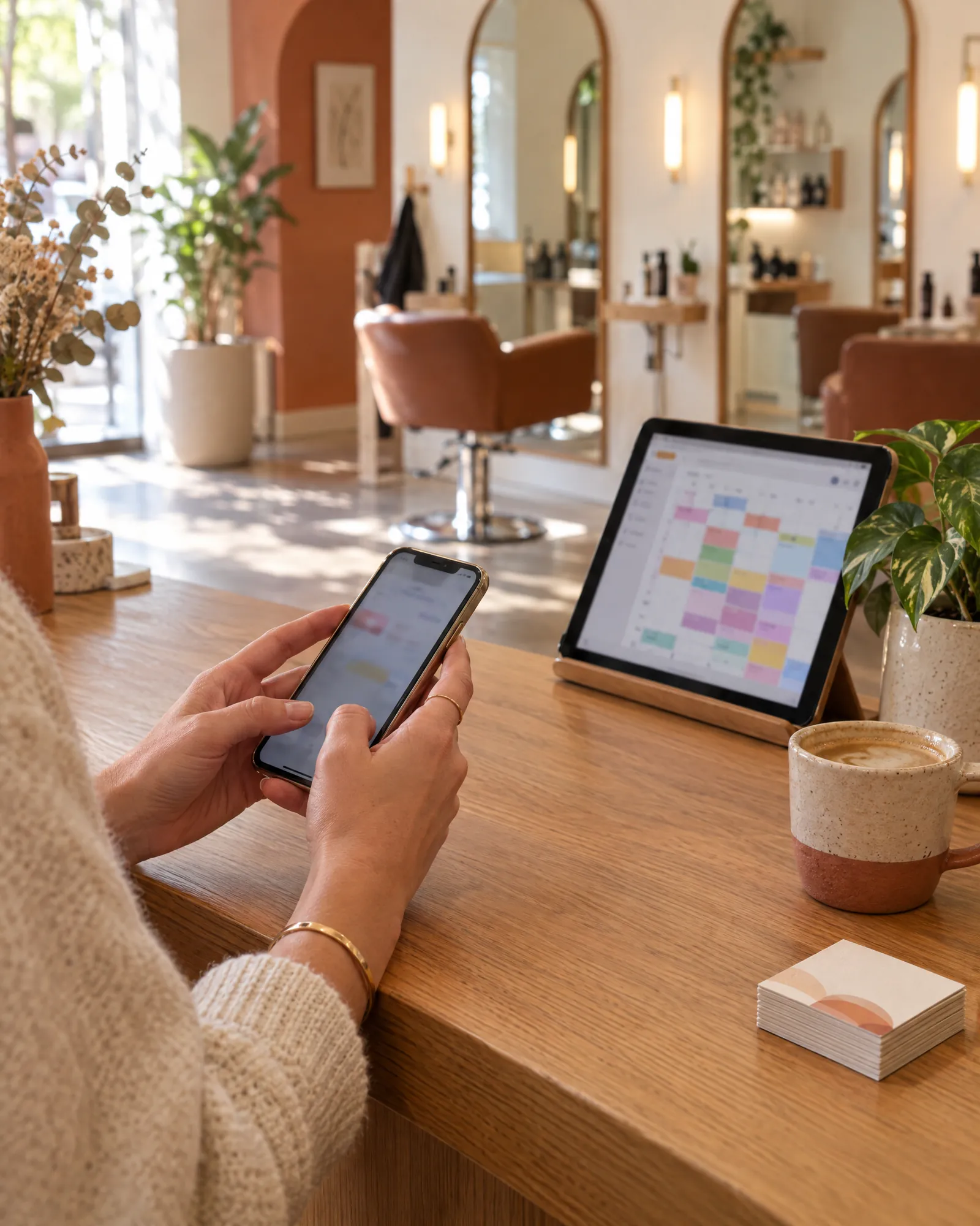 A salon owner at the front desk checking bookings on a phone and tablet